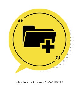 Black Add new folder icon isolated on white background. New folder file sign. Copy document icon. Add attach create folder make new plus icon. Yellow speech bubble symbol. Vector Illustration
