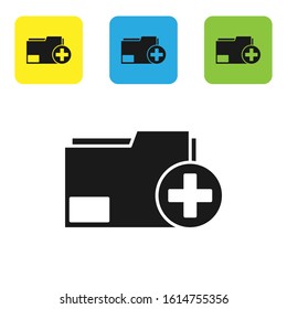 Black Add new folder icon isolated on white background. New folder file. Copy document icon. Add attach create folder make new plus. Set icons colorful square buttons. Vector Illustration