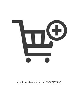 Black add product shopping cart icon with cross mark, simple shopping put in flat design vector pictogram vector for app ads logo web button ui ux interface elements isolated on white background