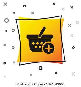 Black Add to Shopping basket icon isolated on white background. Online buying concept. Delivery service sign. Supermarket basket symbol. Yellow square button. Vector Illustration