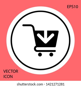 Black Add to Shopping cart icon isolated on red background. Online buying concept. Delivery service sign. Supermarket basket symbol. White circle button. Vector Illustration