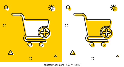 Black Add to Shopping cart icon isolated on yellow and white background. Online buying concept. Delivery service sign. Supermarket basket symbol. Random dynamic shapes. Vector Illustration