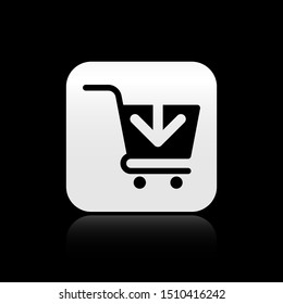 Black Add to Shopping cart icon isolated on black background. Online buying concept. Delivery service sign. Supermarket basket symbol. Silver square button. Vector Illustration
