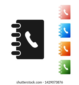 Black Address book icon isolated on white background. Notebook, address, contact, directory, phone, telephone book icon. Set icons colorful. Vector Illustration