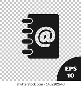 Black Address book icon isolated on transparent background. Notebook, address, contact, directory, phone, telephone book icon.  Vector Illustration