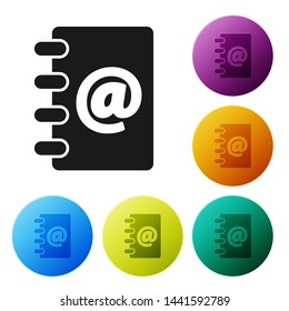 Black Address book icon isolated on white background. Notebook, address, contact, directory, phone, telephone book icon. Set icons colorful circle buttons. Vector Illustration