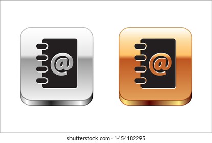 Black Address book icon isolated on white background. Notebook, address, contact, directory, phone, telephone book icon. Silver-gold square button. Vector Illustration
