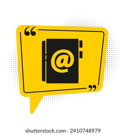 Black Address book icon isolated on white background. Notebook, address, contact, directory, phone, telephone book icon. Yellow speech bubble symbol. Vector Illustration