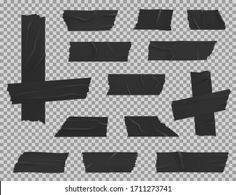 Black adhesive duct tape realistic vector mockup of sticky stripes, wrinkled and torn pieces of band crosses and corner on transparent background. Packaging, masking or insulating tapes design
