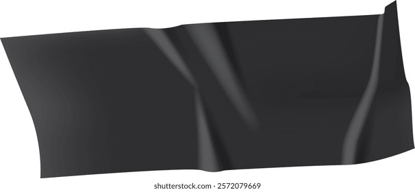 Black adhesive tape is floating and waving on a white background, creating a dynamic and abstract composition with its wrinkled and folded surface