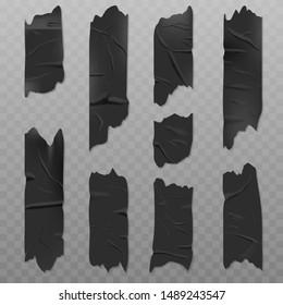 Black adhesive tape realistic vector illustration isolated on a transparent background. Badly glued with wrinkles, torn pieces of sticky scotch