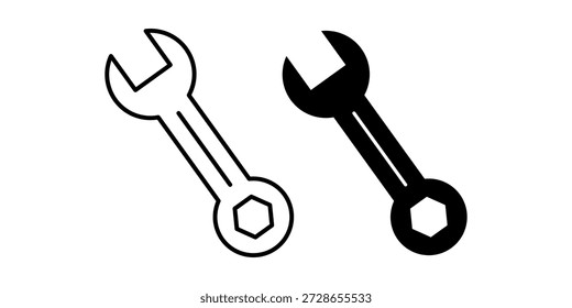 Black adjustable wrench icon bundle representing mechanical tools for construction, repair, and maintenance work. Ideal for industrial, workshop, and professional tool visuals.