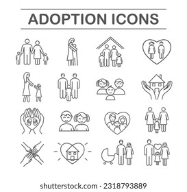 Black adoption icons set. Collection of graphic elements for website. Fertility issues, lesbians and gays. Charity and kindness. Cartoon flat vector illustrations isolated on white background