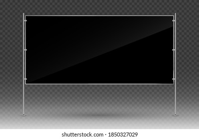 Black advertising banner. Rectangular banner with metal construction isolated on transparent background