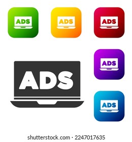 Black Advertising icon isolated on white background. Concept of marketing and promotion process. Responsive ads. Social media advertising. Set icons in color square buttons. Vector