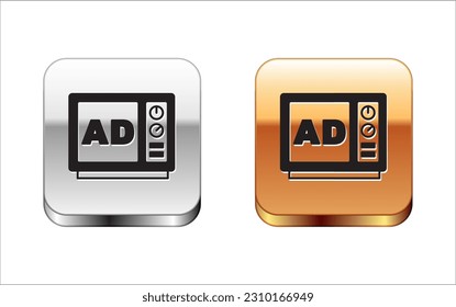 Black Advertising icon isolated on white background. Concept of marketing and promotion process. Responsive ads. Social media advertising. Silver and gold square buttons. Vector
