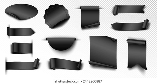 Black advertising tags realistic vector illustration set. Announcing about event badges and ribbons 3d models on transparent background