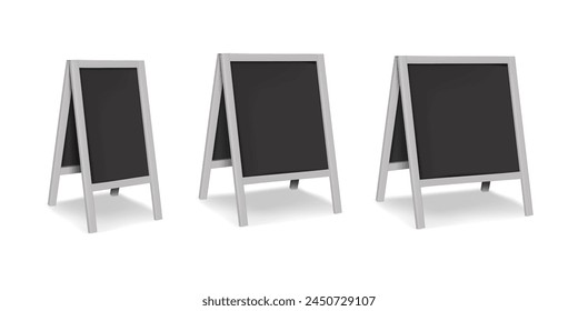 Black A-frame chalkboard. Vector mock-up set. Outdoor sidewalk sign mockup. Blank pop sandwich board. Floor pos advertising banner display. Template for design