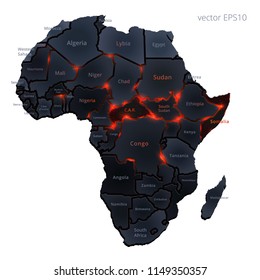 Black Africa. Risk map. Dark Continent looks like a cracked volcanic surface with a melted borderlines. Dangerous states has a heated titles. Vector concept for travel insurance or struggle for Peace.