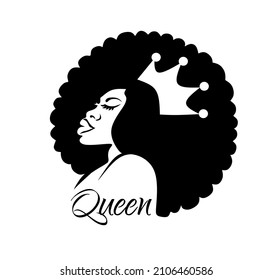 Black African Afro American girl woman beautiful lady head face profile vector silhouette drawing,curly puffs hair,crown.Queen.Plotter laser cut.Vinyl wall sticker decal.T shirt print design.DIY cut.
