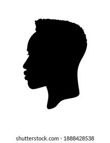 Black African Afro American Male Portrait Face Vector Silhouette Of A Hairstyle With Curly Hair. Stencil Drawing Of A Human Man Head Profile Isolated On White .Vinyl Wall Sticker Decal .Print. Cameo