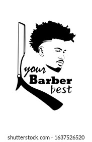 Black african american afro male face portrait vector silhouette with curls hair style.Man head silhouette isolated on white background.Your best barber.
