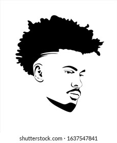 Black African American Afro Male Face Portrait Vector Silhouette With Curls Hair Style.Man Head Silhouette Isolated On White Background.