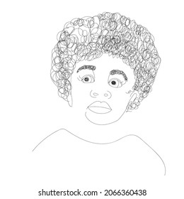 Black, African American boy, girl, kid. Black and white line drawing of black  person with nice haircut. Line art. Continuous line. Vector