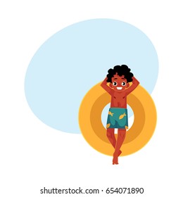 Black, African American boy, teenager swimming on floating inflatable ring, top view cartoon vector illustration with space for text.  