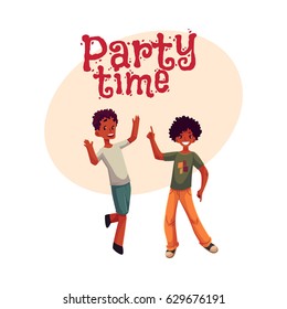 Black, African American boys, kids having fun, dancing at party, cartoon style invitation, banner, poster, greeting card design. Party invitation advertisement, boys dancing, jumping