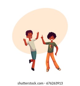 Black, African American boys, kids having fun, dancing at party, cartoon vector illustration with space for text. Happy black, African boys dancing, jumping at a kids, birthday party