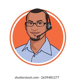Black african american business man with headphones flat cartoon vector illustration
