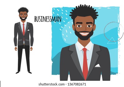 black african american businessman with beard in formal suit. Full length portrait of Cartoon Businessman. Character for rigging and animation