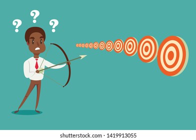 black african american businessman with bow and arrow look at multiple targets. Cannot decide which target to shoot at. Stock flat vector illustration.