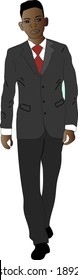 Black African American businessman in black business suit. The young guy walks forward.