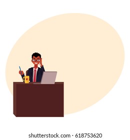 Black, African American businessman in glasses working at office desk, talking by phone, cartoon vector illustration with space for text. Black businessman, worker, employee working in office