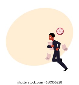 Black, African American businessman hurrying to work, being late, cartoon vector illustration with space for text. Black businessman, worker, employee harrying somewhere losing documents