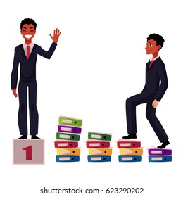 Black, African American businessman, manager going up career ladder and standing on winner pedestal, cartoon vector illustration isolated on white background. Black businessman, achieving success