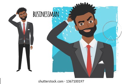 the black african american businessman is pensive, thinking. Portrait of handsome young thoughtful man
