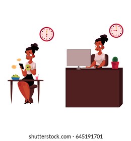 Black, African American businesswoman having breakfast, working on computer in office, cartoon vector illustration isolated on white background. Black businesswoman, working day, home and office