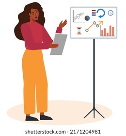 The black african american businesswoman is in a office meeting. Young dark skin girl doing a presentation at her work place. Flat cartoon vector illustrations.