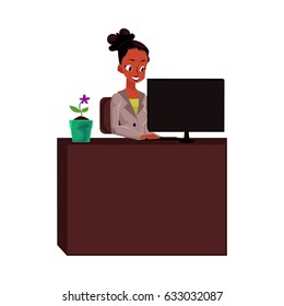 Black, African American Businesswoman, Secretary, Working On Computer At Office Table, Cartoon Vector Illustration Isolated On White Background. Black Businesswoman, Secretary Working On Computer