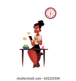 Black, African American businesswoman using smartphone, having breakfast, drinking coffee before work, cartoon vector illustration isolated on white background. Black businesswoman has breakfast