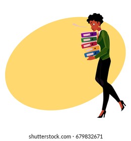 Black, African American businesswoman, woman carrying heavy pile of document folders, cartoon vector illustration with space for text. Black stressed businesswoman with folders of documents