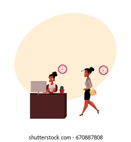 Black, African American businesswoman working on computer in office, going home after work, cartoon vector illustration with space for text. Black businesswoman, working in office, going home