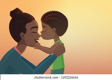 Black African American child hug and kissing mom flat illustration. Mother Day holiday greeting, parent and kid hugging. Mommy and son embracing cartoon smiling happy characters. 