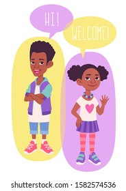 Black African American children, boy and girl full length cartoon characters with comics speech bubbles. Happy and smiling school kids. Colorful vector illustration. 