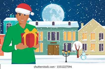 Black African American with a Christmas gift in a box on the background of the city with a winter landscape . Vector illustration