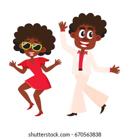 Black, African American couple, man and woman, dancing dicso, cartoon vector illustration isolated on white background. Young black African American man and woman dancing together at retro disco party