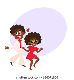 Black, African American couple, man and woman, dancing dicso, cartoon vector illustration with space for text. Young black African American man and woman dancing together at retro disco party